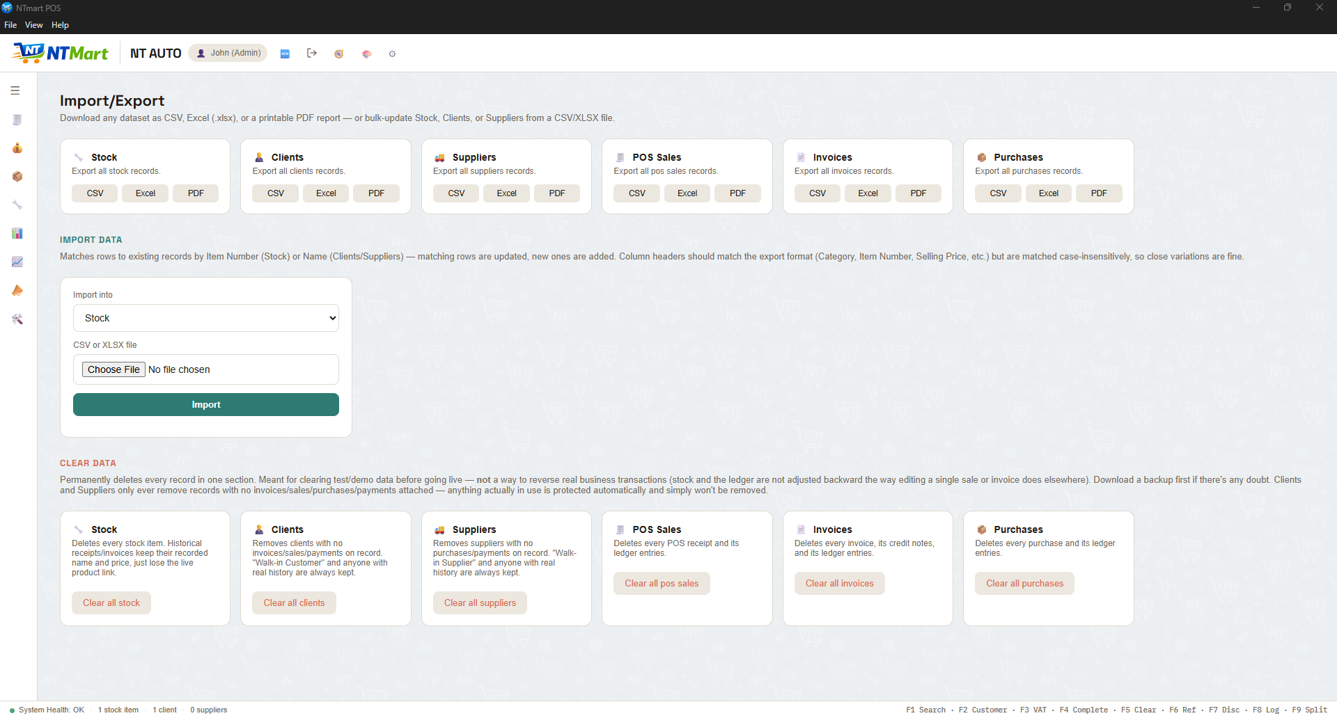 NTmart POS — Import/Export screen