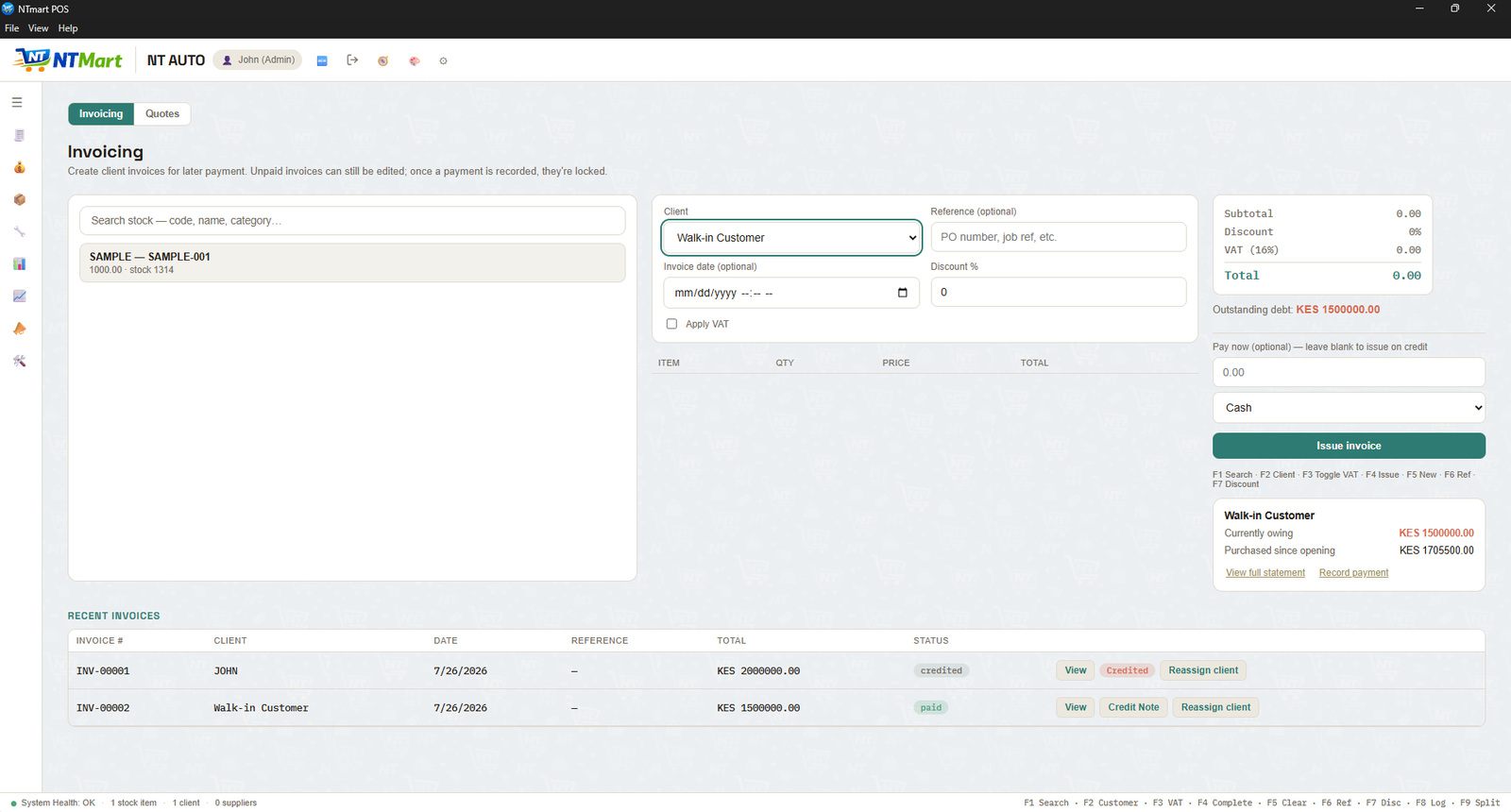 NTmart POS — Invoicing screen